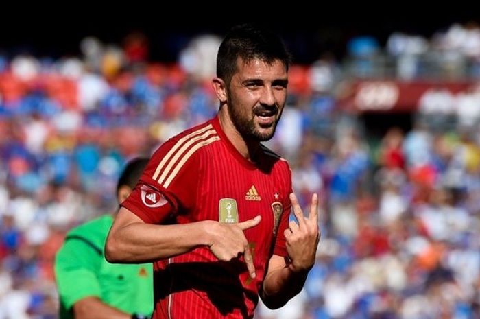 David Villa merayakan gol Spanyol ke gawang El Salvador pada partai uji coba di FedEdxField, 7 Juni 2014.