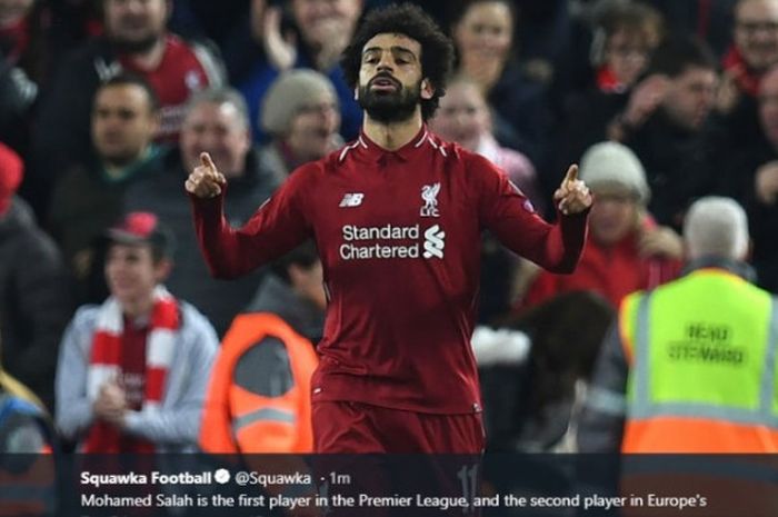 Mohamed Salah mencetak gol saat Liverpool melawan Crystal Palace pada pekan ke-23 Liga Inggris musim 2018-2019, Sabtu (19/1/2019), di Stadion Anfield.