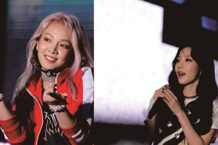 Aksi Taeyeon (kanan) dan Hyoyeon (kiri) dalam acara Countdown Asian Games 2018