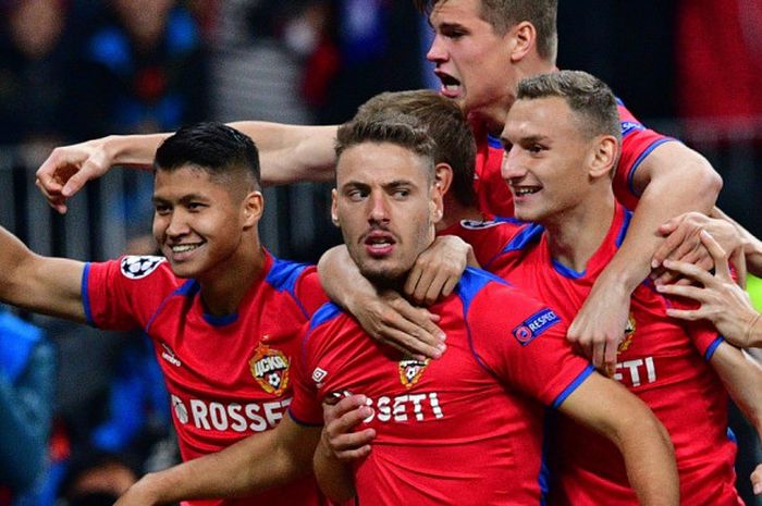 Pemain CSKA Moskva, Nikola Vlasic, melakukan selebrasi setelah mencetak gol ke gawang Real Madrid pada pertandingan babak penyisihan Grup G Liga Champions di VEB Arena, Selasa (2/10/2018) waktu setempat atau Rabu dini hari WIB.