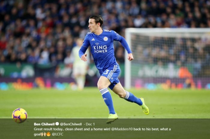 Bek Leicester City, Ben Chilwell, menggiring bola dalam laga pekan ke-14 Liga Inggris melawan Watford, Sabtu (1/12/2018) di Stadion King Power, Leicester.  