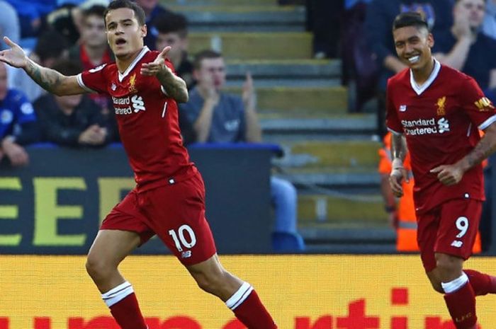 Gelandang Liverpool, Philippe Coutinho, merayakan golnya ke gawang Leicester City pada laga Liga Inggris di Stadion King Power, Leicester, pada Sabtu (23/9/2017)