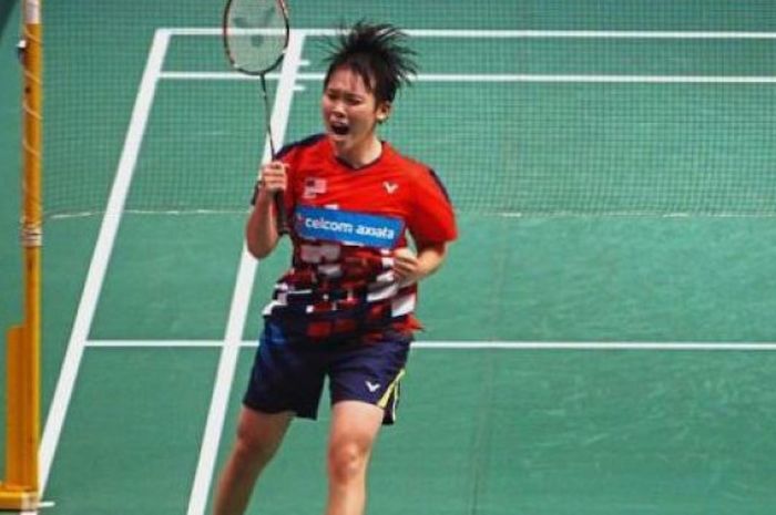 Ekspresi tunggal putri Malaysia, Goh Jin Wei, setelah mengalahkan Sung Ji-hyun, pada babak kedua Mal