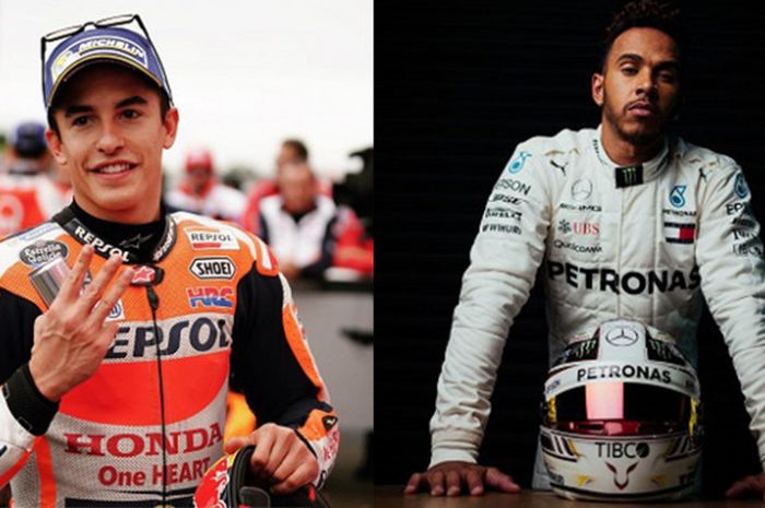 Juara MotoGP 2017, Marc Marquez (kiri) dan juara F1 2017, Lewis Hamilton (kanan).