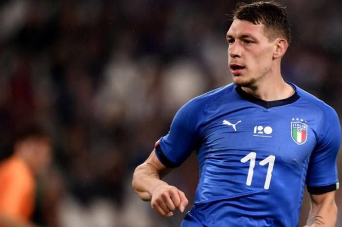 Aksi Andrea Belotti dalam partai uji coba timnas Italia lawan Belanda di Allianz Stadium Turin, 4 Juni 2018.