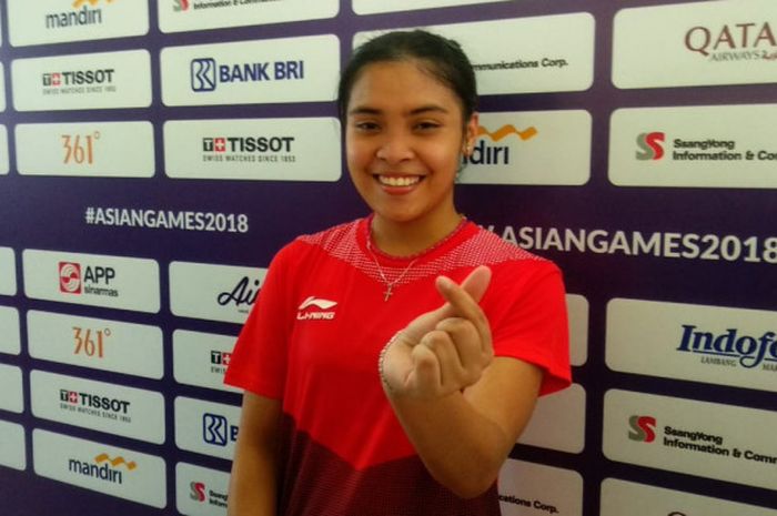 Pebulu tangkis tunggal putri Indonesia, Gregoria Mariska Tunjung, saat ditemui di area mixed zone di Istora Senayan, Jakarta, Minggu (19/8/2018).