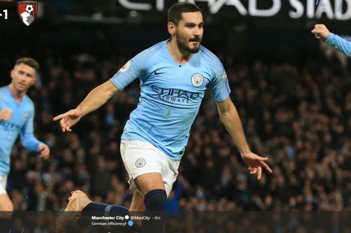 Ilkay Guendogan berhasil mencetak gol bagi Manchester City saat melawan Bournemouth pada laga pekank