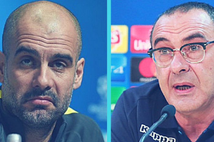 Pelatih Manchester City, Pep Guardiola (kiri), dan pelatih Napoli, Maurizio Sarri (kanan).