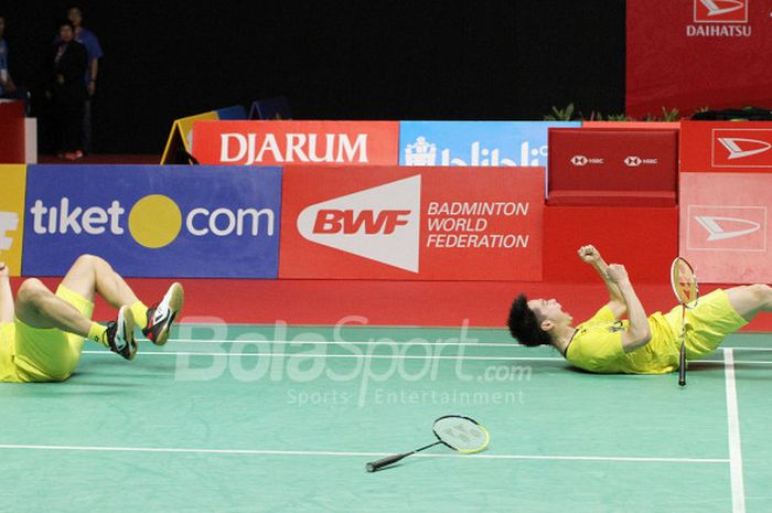 Pasangan ganda putra Indonesia, Marcus Fernaldi Gideon/Kevin Sanjaya Sukamuljo, pada final Indonesia Masters 2018 di Istora Senayan, Jakarta, Minggu (28/1/2018).