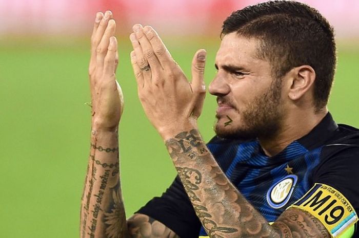  Reaksi kapten Inter Milan, Mauro Icardi, dalam laga Serie A di kandang Chievo, Stadion Marc'Antonio Bentegodi, 21 Agustus 2016. 