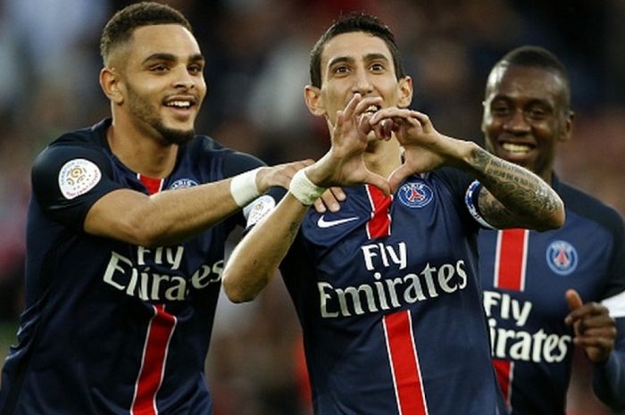 Angel Di Maria merayakan gol pertama PSG ke gawang Toulouse, Sabtu (7/11/2015).
