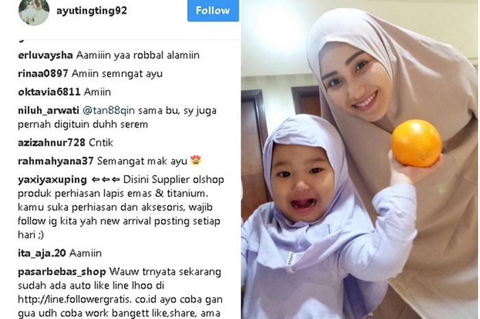 Foto yang diunggah oleh Ayu Ting Ting di instagramnya ini mendapat komentar dan respon positif dari netizen.