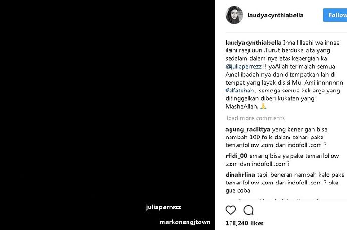 Laudya Chyntia Bella memilih mengucapkan rasa belasungkawa dengan unggahan seperti ini di instagram. 