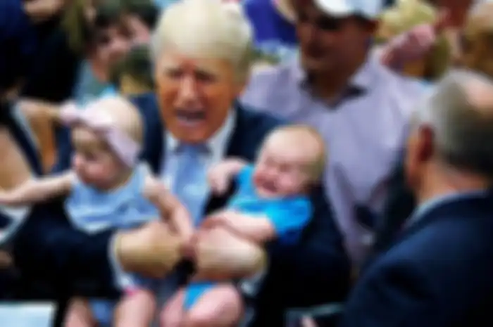 Ilustrasi anak menangis dan Donald Trump