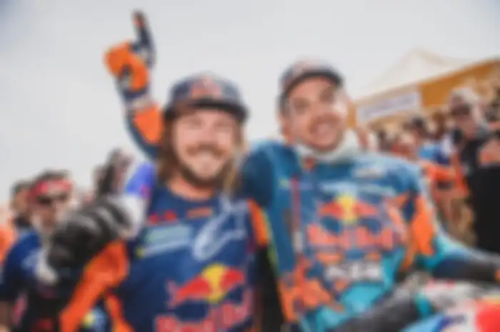Matthias Walkner (AUT) and Toby Price (AUS) of Red Bull KTM Factory Team at the finish line after he wins the Rally Dakar 2019, Peru on January 17, 2019.