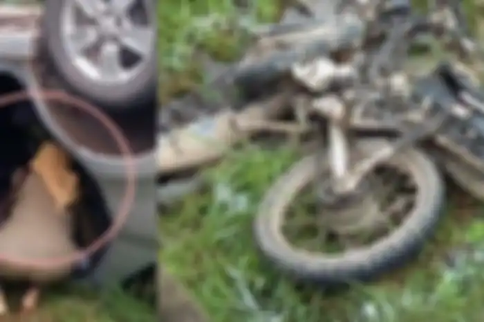 Kondisi mobil dinas milik kepala dinas Pemberdayaan Perempuan dan Perlindungan Anak yang mengalami kecelakaan di Desa Keromongan.