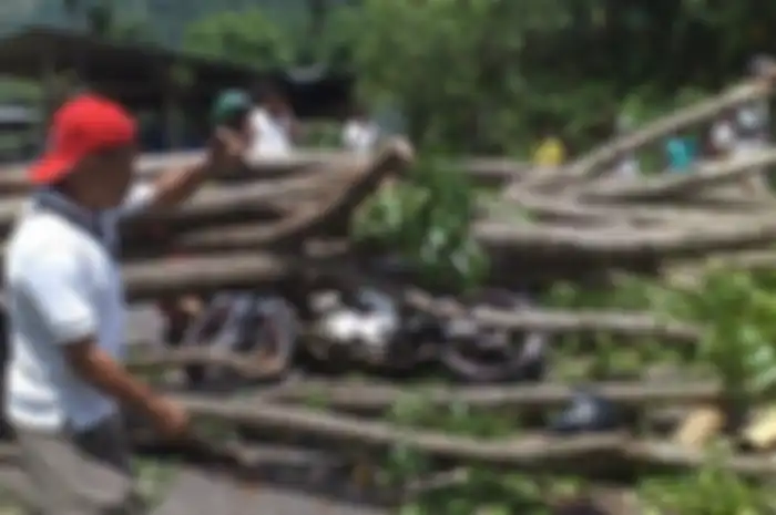 BERSIHKAN/Warga bersama TNI dan Polri berusaha mengeluarkan sepeda motor yang ditindis pohon,Minggu (27/1/2019.) 