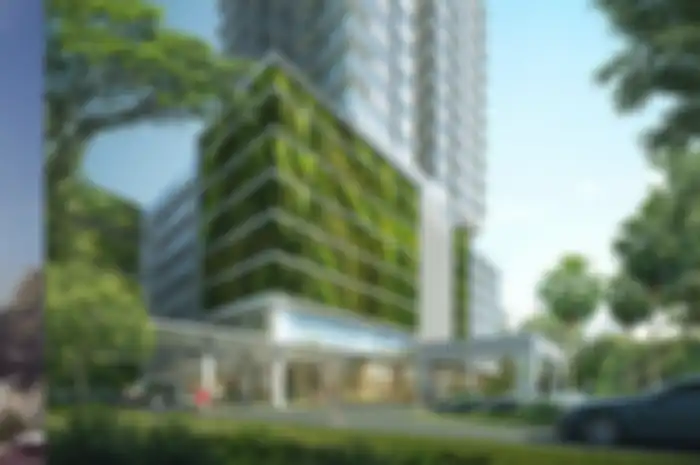 Ilustrasi gedung di tengah kota Jakarta berkonsep bangunan hijau.
