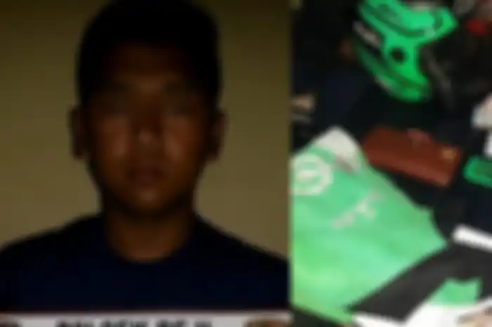 Pelaku jambret yang menyamar menjadi ojek online beserta barang buktinya 