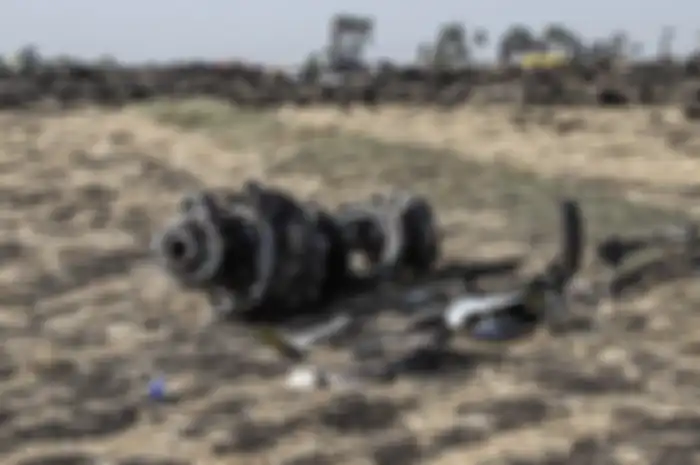 Puing pesawat terlihat di lokasi jatuhnya pesawat Ethiopia Airlines di kawasan Bishoftu, sebuah kota sekitar 60 kilometer tenggara Addis Ababa, Ethiopia, Senin (11/3/2019). Sebanyak 157 orang terdiri dari penumpang dan kru pesawat Ethiopian Airlines dipastikan tewas setelah Boeing 737-8 MAX yang mem