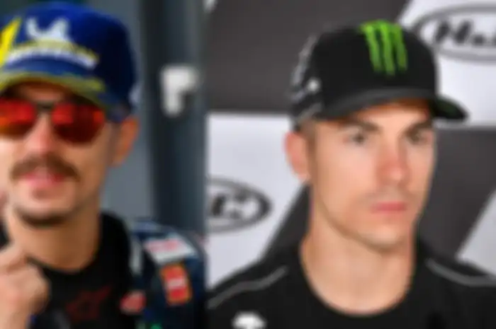 Maverick VInales saat menang MotoGP Belanda berkumis dan berjanggut (kiri) dan saat konferensi pers MotoGP Jerman (4/7/19) tampak klimis tanpa kumis dan janggut 
