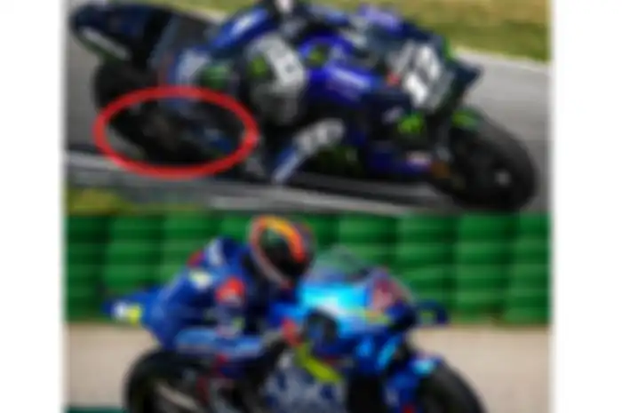 Knapot baru Yamaha M1 dites Maverick Vinales di tes MotoGP Misano  (bulatan merah/atas) bandingkan dengan knalpot motor MotoGP Suzuki GSX-RR andalan Alex Rins (bawah)
