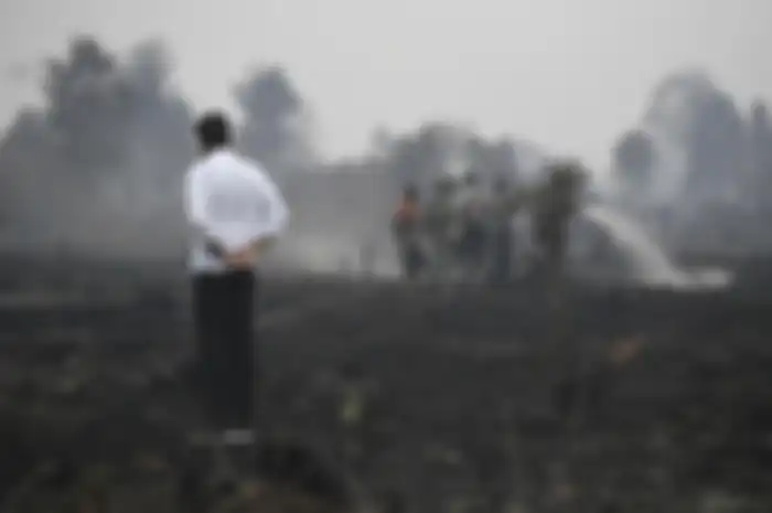 Presiden Joko Widodo meninjau penanganan kebakaran lahan di Desa Merbau, Kecamatan Bunut, Pelalawan, Riau, Selasa (17/9/2019). ANTARA FOTO/Puspa Perwitasari/aww.