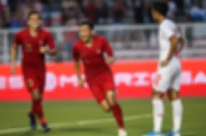 Pemain Timnas U-23 Indonesia, Evan Dimas melakukan selebrasi seusai mencetak gol ke gawang Myanmar dalam pertandingan Semifinal SEA Games 2019 di Stadion Rizal Memorial, Manila, Filipina, Sabtu (7/12/2019). Timnas Indonesia menang 4-2 dari Myanmar.