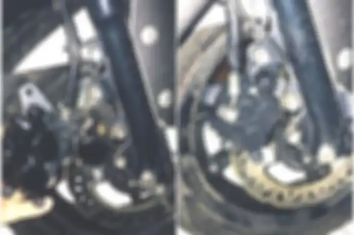 Kiri masih pakai kaliper standar satu piston mau diganti 2 piston. Kanan setelah terpasang kaliper 2 pistin 