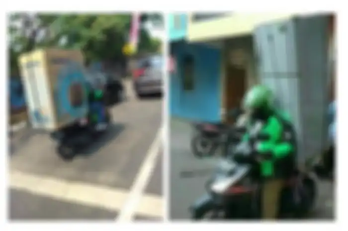 Foto-foto driver ojol mengangkut muatan besar seperti mesin cuci atau kulkas.