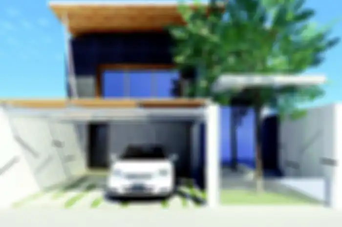 Rumah modern dengan gaya carport yang menyesuaikan, modern minimalis.