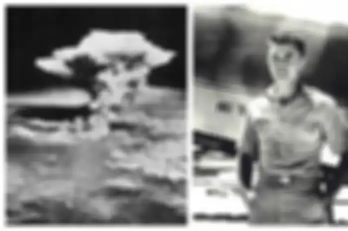 (kiri) Pengeboman Hiroshima, (kanan) Paul Warfield Tibbets Jr, Pilot Pesawat Pengebom Hiroshima.