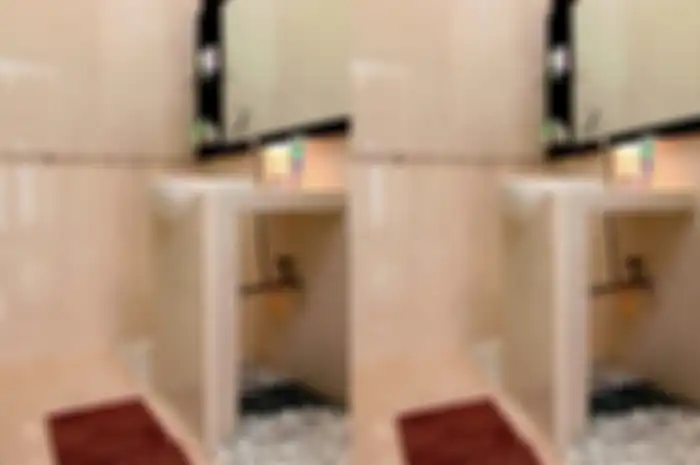 Kamar mandi mungil ditaburi koral.