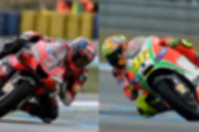 Kalahkan Valentino Rossi (kanan), Danilo Petrucci lebih unggul saat di tim Ducati pabrikan. Danilo Petrucci hentikan puasa menang pembalap Italia di MotoGP Prancis setelah terakhir Valentino Rossi juara di 2008