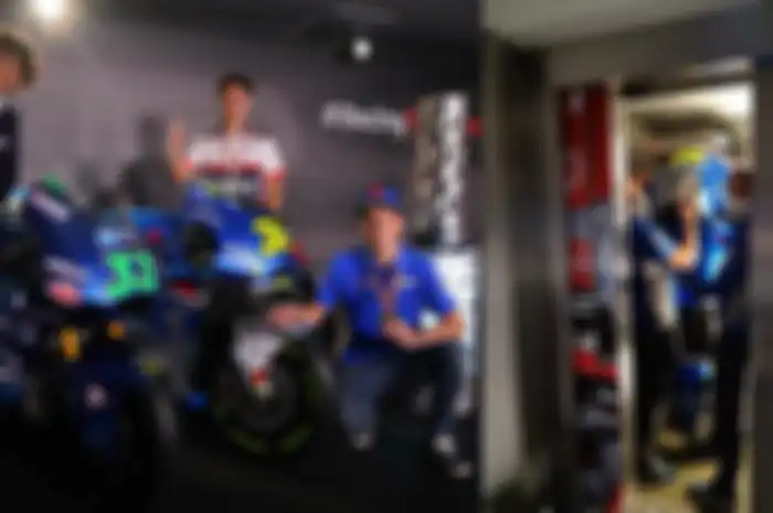 Penampakan motor juara dunia di MotoGP 2020 saat acara FIM MotoGP Prize Giving 2020 di sirkuit Algarve (kiri). Proses kru tim gotong motor MotoGP Suzuki GSX-RR dari paddock ke lantai atas ke lokasi acara