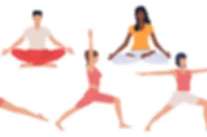Set of people practicing yoga. Calm young people meditating and doing balance exercises. Vector illustration can be used for tranquility, brochure, spirituality