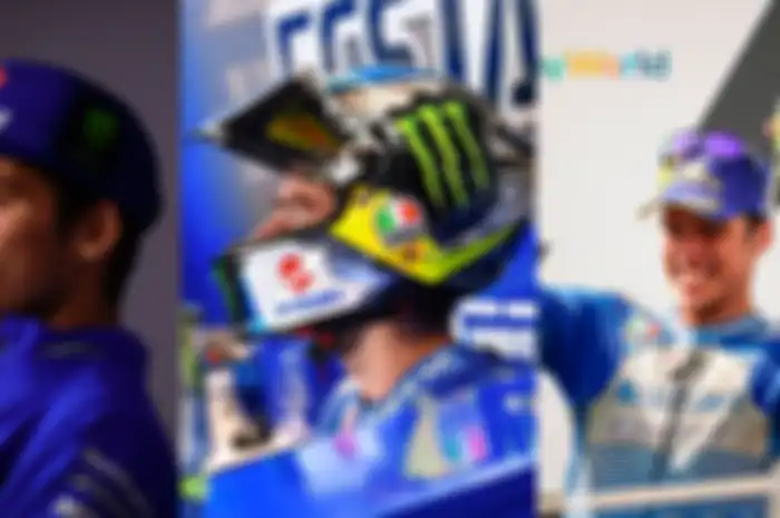 Tiga bukti juara dunia MotoGP 2020 Joan Mir disponsori minuman Monster Energy, pakai topi berlogo cakar M di konferensi pers MotoGP (kiri), ada logo di helm balapnya (tengah) dan bawa botol minuman berlogo Monster Energy saat seremoni di podium