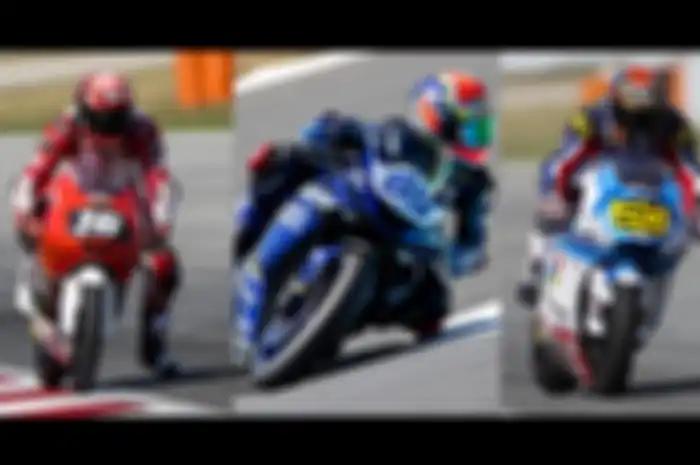 Dukung 3 pembalap Indonesia yang tampil di kejuaraan balap motor internasional hari ini, Minggu (13/6/2021). Ada Mario Suryo Aji (kiri); Galang Hendra Pratama (tengah) dan Dimask Ekky Pratama (kanan)