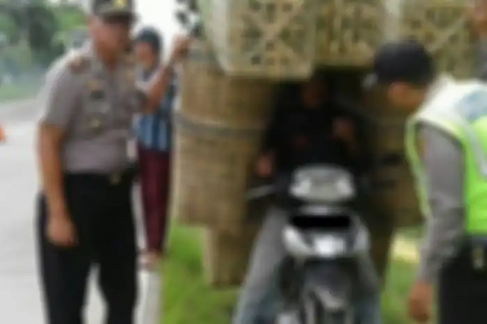 Pengendara motor membawa barang bawaan berupa bronjong yang sangat banyak sampai orangnya nggak kelihatan.