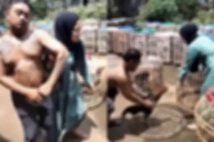 Selagi enak-enak bermain ayam, pria bertato itu mendadak kicep. Dia langsung menurut dijemput istri yang berkerudung. Foto tampangnya viral.