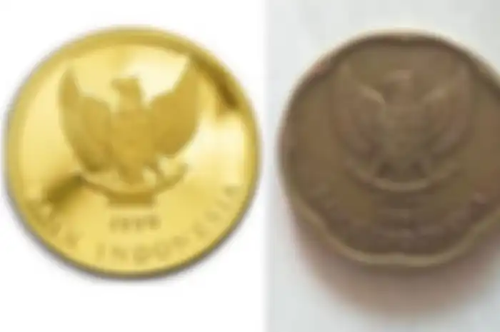 Sebelah kiri uang logam dari emas dan kanan dari aluminium kuning 
