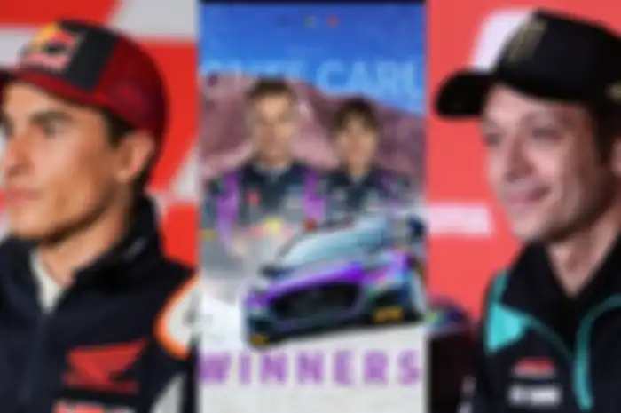 Musuh bebuyutan di MotoGP Marc Marquez (kiri) versus Valentino Rossi (kanan) mendadak kompakan kasih selamat buat Sebastien Loeb juara WRC Monako 2022 (tengah)