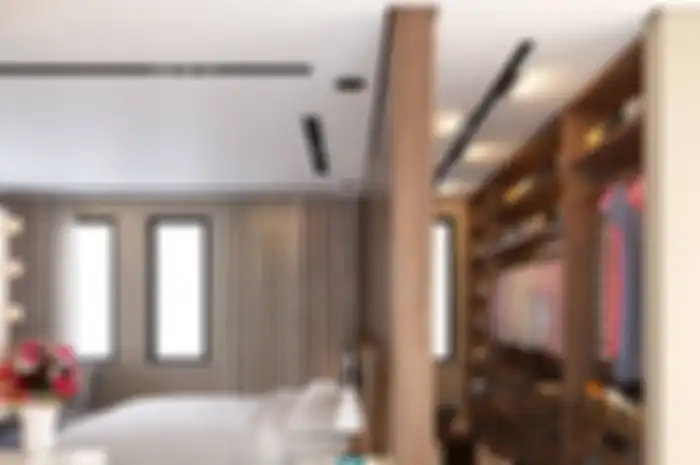 Inspirasi desain bedroom closet, kamar tidur yang dilengkapi kamar mandi.