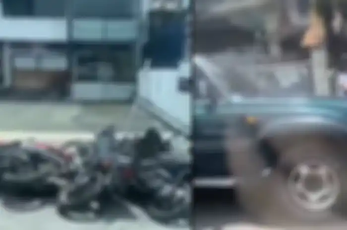 Geger, motor-motor ambyar berserakan usai ditabrak mobil Toyota Land Cruiser di Jatinangor, Sumedang, Jawa Barat.