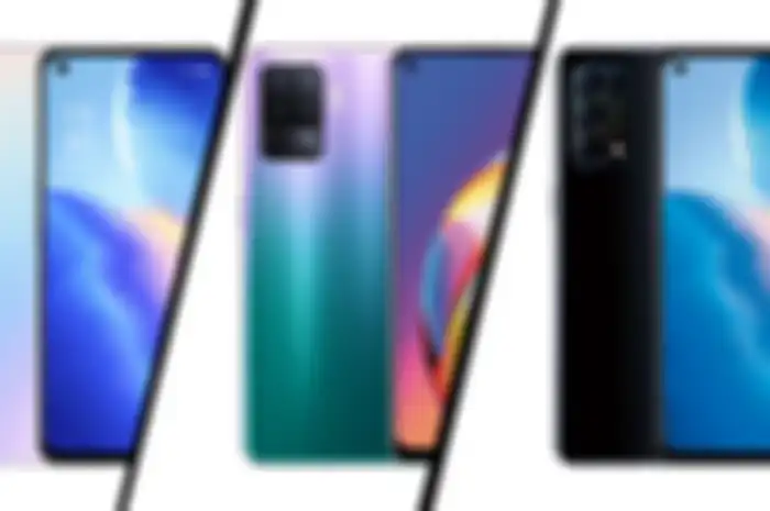 OPPO Reno5 (Kiri), OPPO Reno5 F (Tengah), dan Reno5 5G (Kanan)