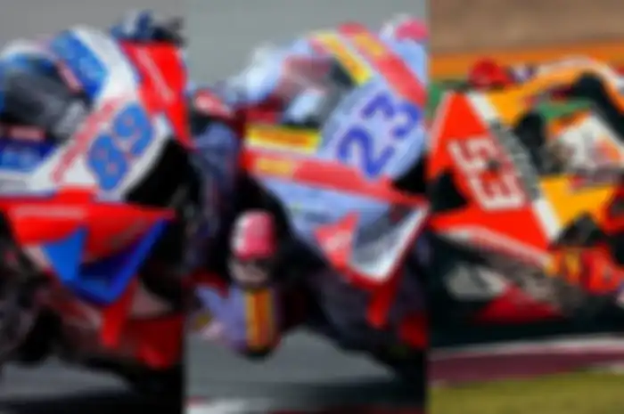 Pembalap Pramac Racing Jorge Martin (kiri) start pole position di MotoGP Qatar 2022 hari ini Minggu (6/3/2022)  ada Enea Bastianini start posisi 2 (tengah) dan Marc Marquez posisi ketiga (kanan)