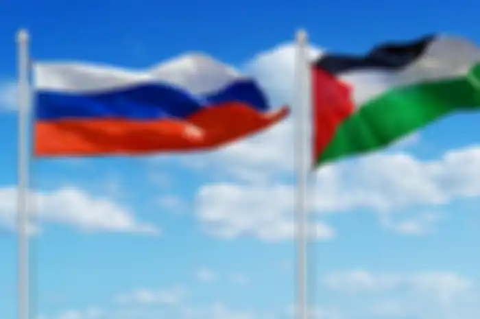 Ilustrasi bendera Rusia dan Palestina