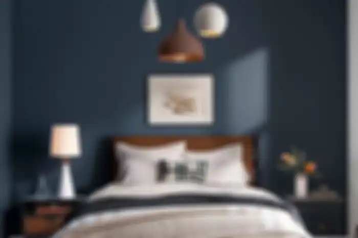 Ilustrasi kamar tidur berwarna biru untuk laki-laki.