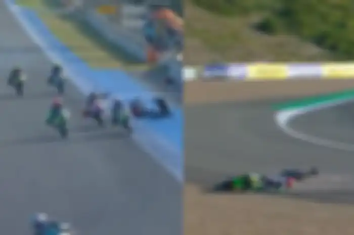 Bukan pembalap Indonesia Mario Aji, tapi pembalap Moto3 Riccardo Rossi yang bikin crash sesi Warm Up Moto3 Spanyol 2022.