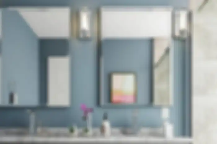 Ilustrasi nuansa kamar mandi dengan warna biru dan abu-abu